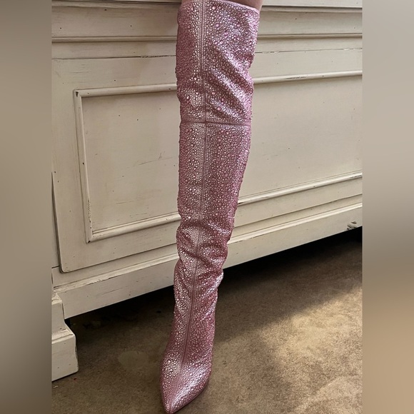 Steve Madden Shoes - Steve Madden Viviane pink full rhinestone boots, size 7.5 thigh-high #barbie